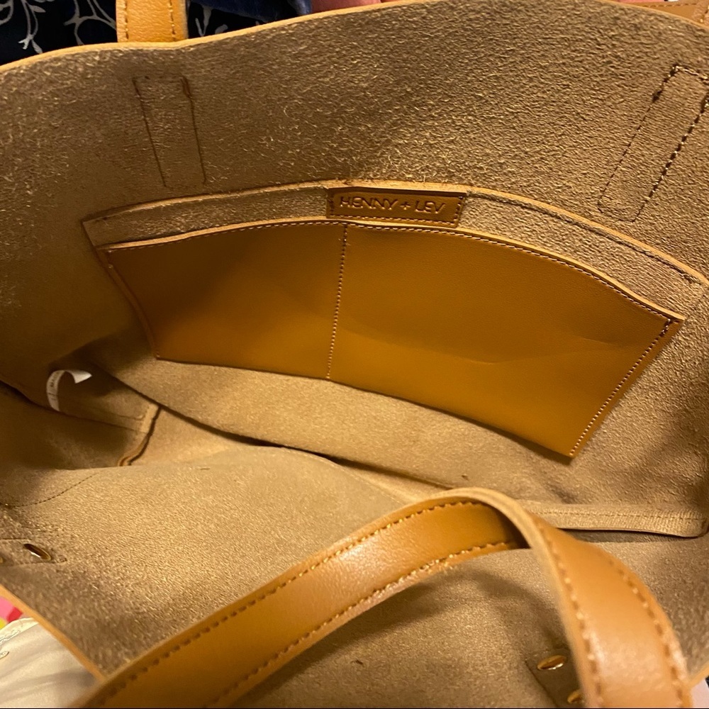 Women’s Tan Leather Tote Bag with Front Pocket - Picture 12 of 12